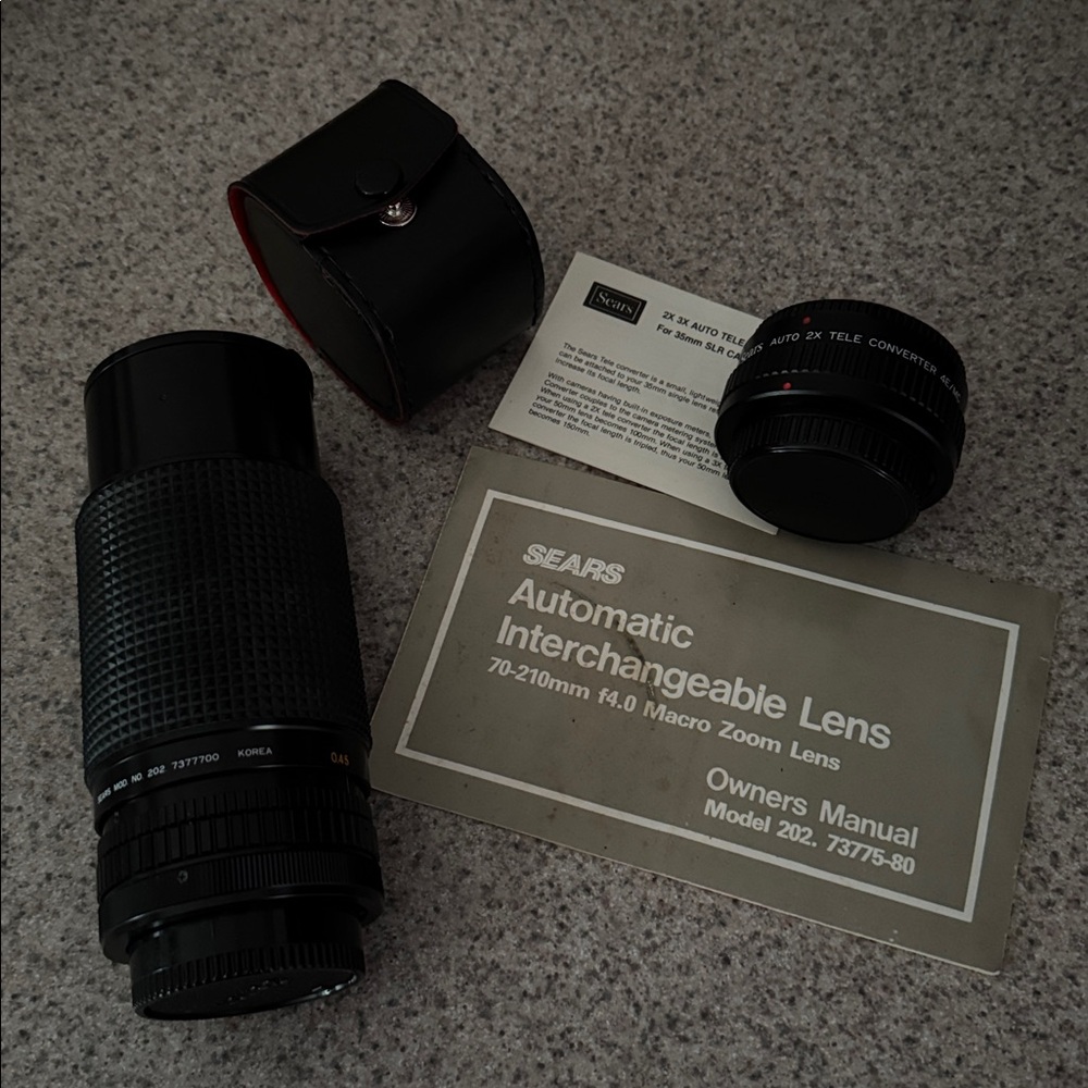 Sears Black Macro Zoom Lens and 2x tele converter with case, Canon mount